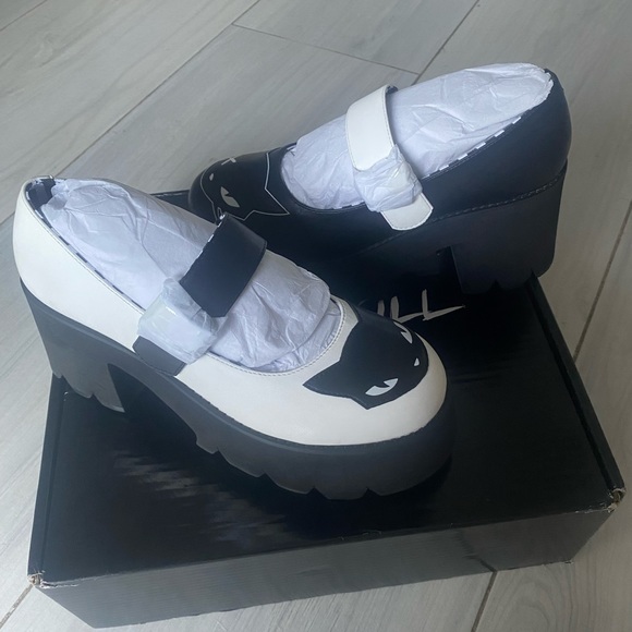 Dolls Kill x Emily The Strange | Cat You Later Platform Black / White Mary Janes - Picture 9 of 12